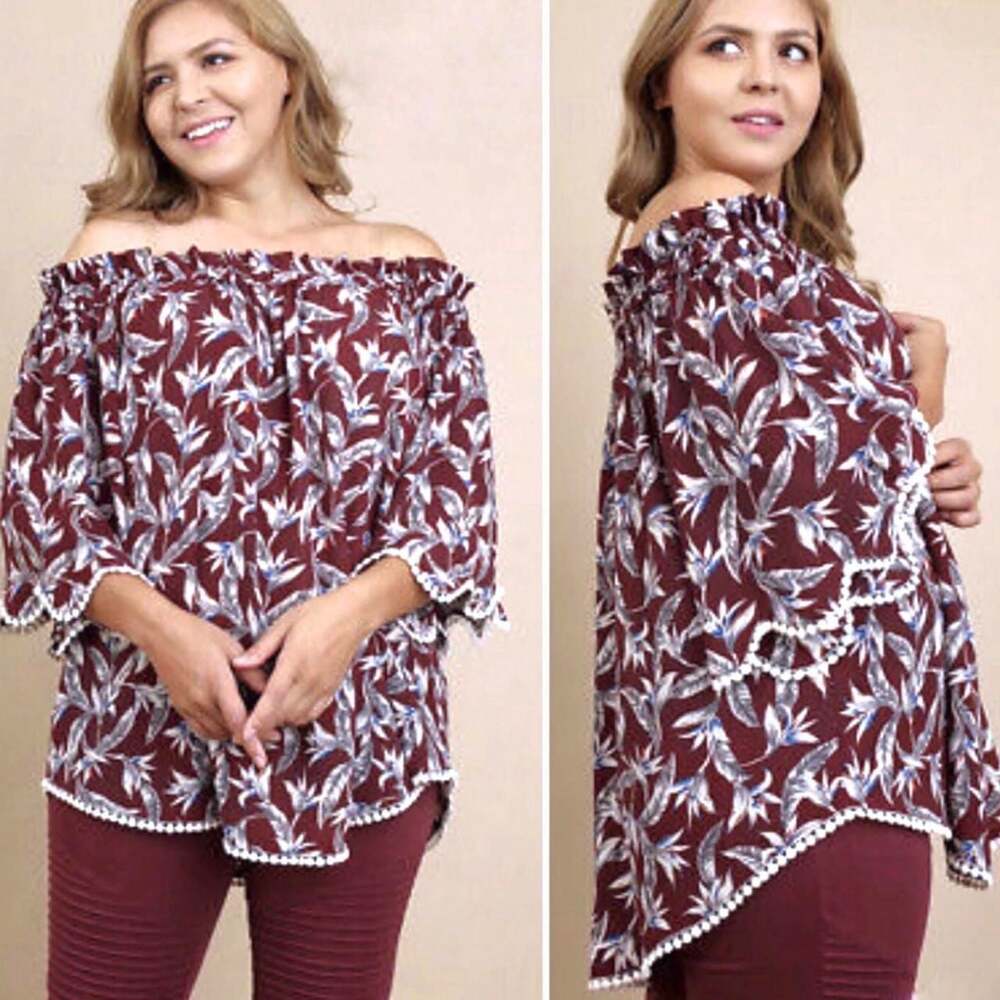 Umgee USA Burgundy Leaf Print Off-the-Shoulder Blouse